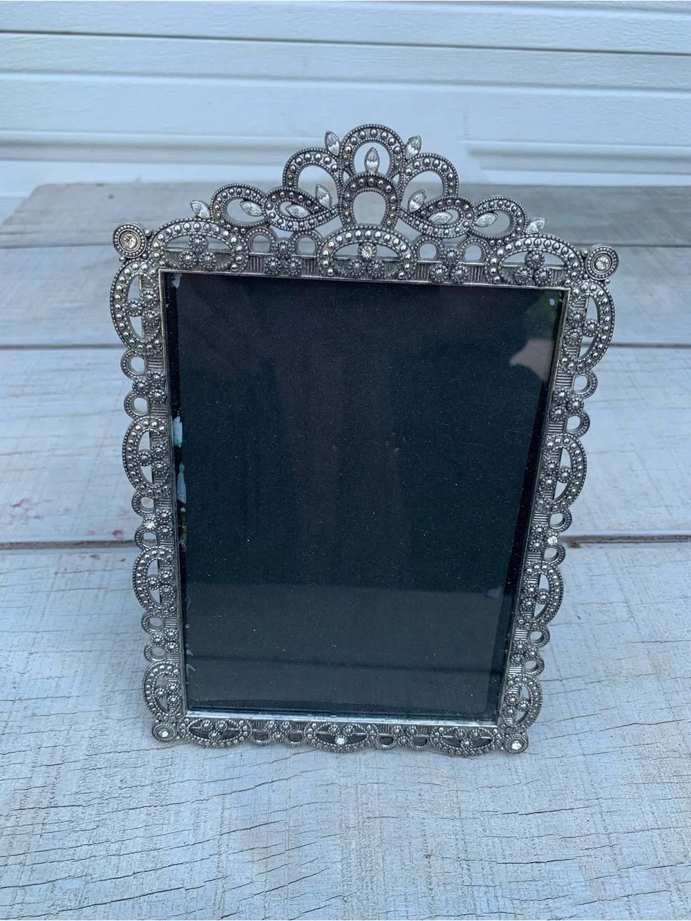 Vintage Silver Tone Ornate Metal Picture Frame Jeweled Rhinestone Marcasite 5x7